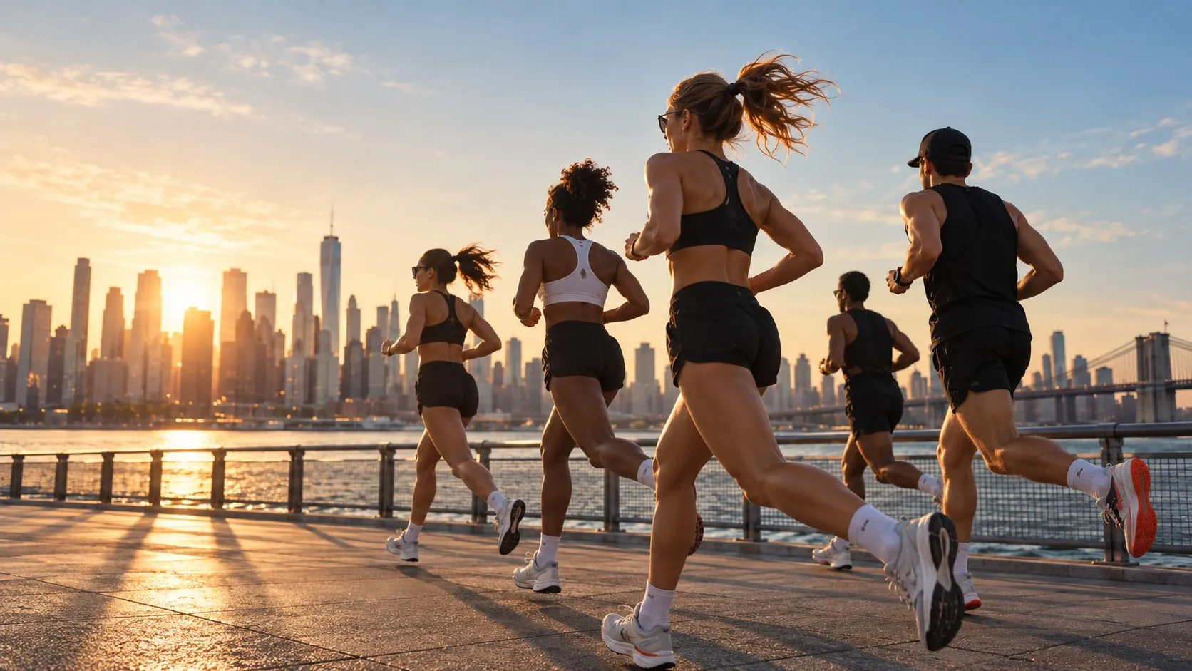 A group of runners on a waterfront path at sunset, with the Manhattan skyline and the Brooklyn Bridge behind them